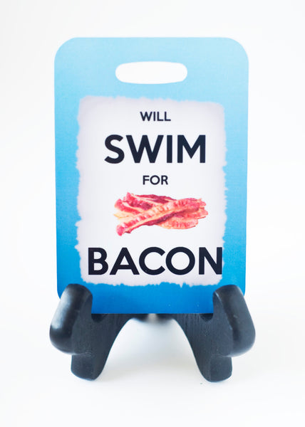 Swim Luggage Tag, Bag Tag,  will Swim for Bacon, Sport Bag Tag, Swim Team Bag Tag, Swim Party favor - FlipTurnTags