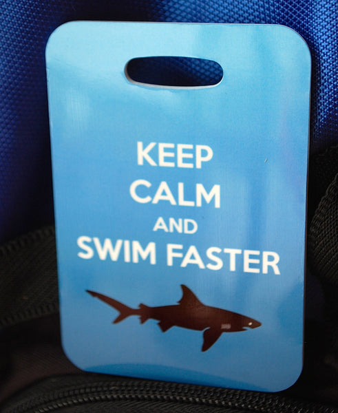 Swim Bag Tag, Sport Bag Tag, Swim Team Bag Tag, Swim Party favor, Shark, Keep Calm and Swim Faster - FlipTurnTags